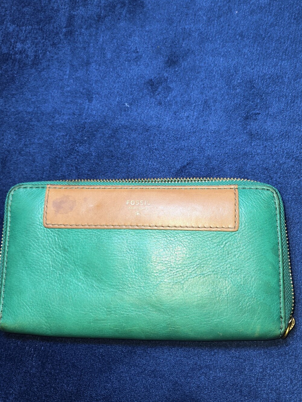 Fossil Leather Zippered Wallet Clutch Grass Green And Tan Vintage